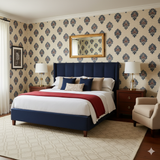 Patterned Indigo Crest wallpaper with navy and coral floral designs, styled in a bedroom setting.