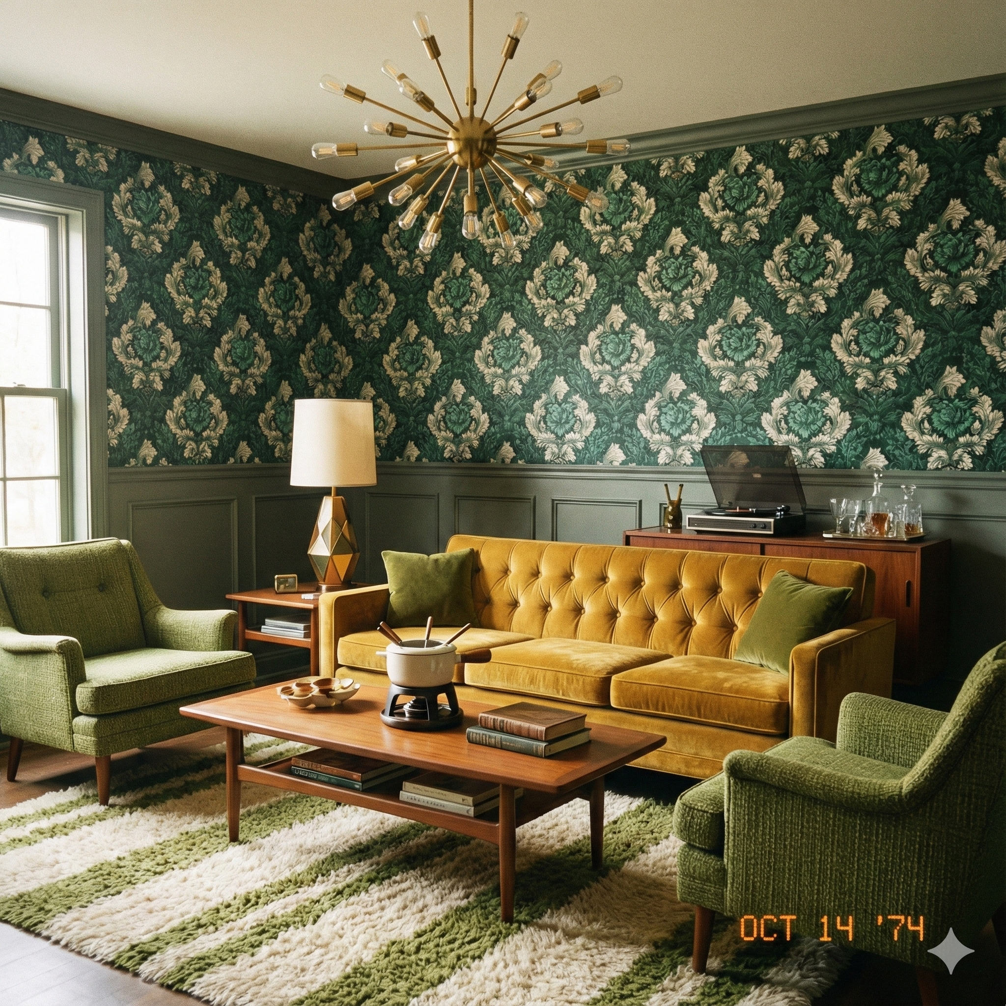 Green damask wallpaper with stylized floral motif, acanthus leaves, and verdant tones.