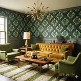 Green damask wallpaper with stylized floral motif, acanthus leaves, and verdant tones.