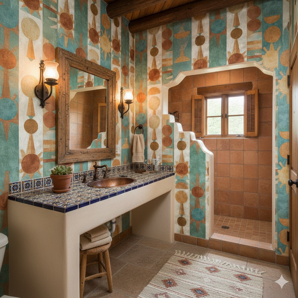 Solstice Marks Wallpaper with orange, teal, and beige sunburst pattern.
