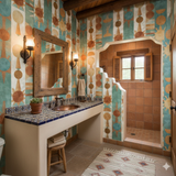 Solstice Marks Wallpaper with orange, teal, and beige sunburst pattern.
