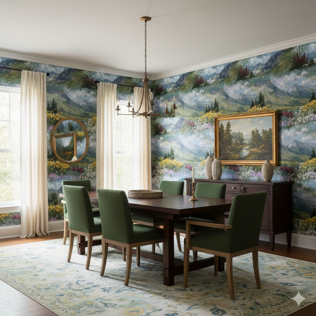 Alpine Bloom Wallpaper with floral mountain landscape, perfect for living room or bedroom walls.

