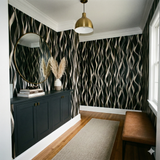 Patterned Opaline Drift wallpaper featuring a wavy design on a black background.
