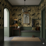 Patterned wallpaper by Blackthorn Estate featuring black dog motifs over a textured gold backdrop.
