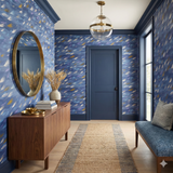 Blue Zephyr Drift wallpaper with feather-like details, patterned throughout the room.