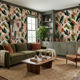 Abstract wallpaper with leaf pattern, from Wallshoppe, in green, orange and white on textured background.