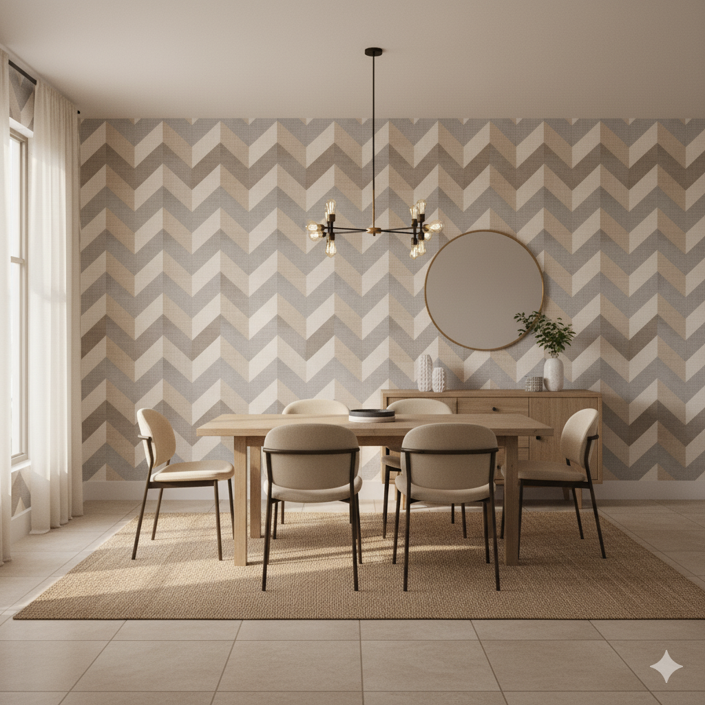 Beige and gray geometric wallpaper with a chevron pattern, in a dining room setting.