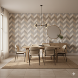 Beige and gray geometric wallpaper with a chevron pattern, in a dining room setting.