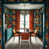 Mod Basset Wallpaper with a dog pattern, featuring stripes of color on the wall.
