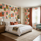 Arroyo Rosa wallpaper with a geometric pattern by York Wallcoverings, styled in a bedroom setting.
