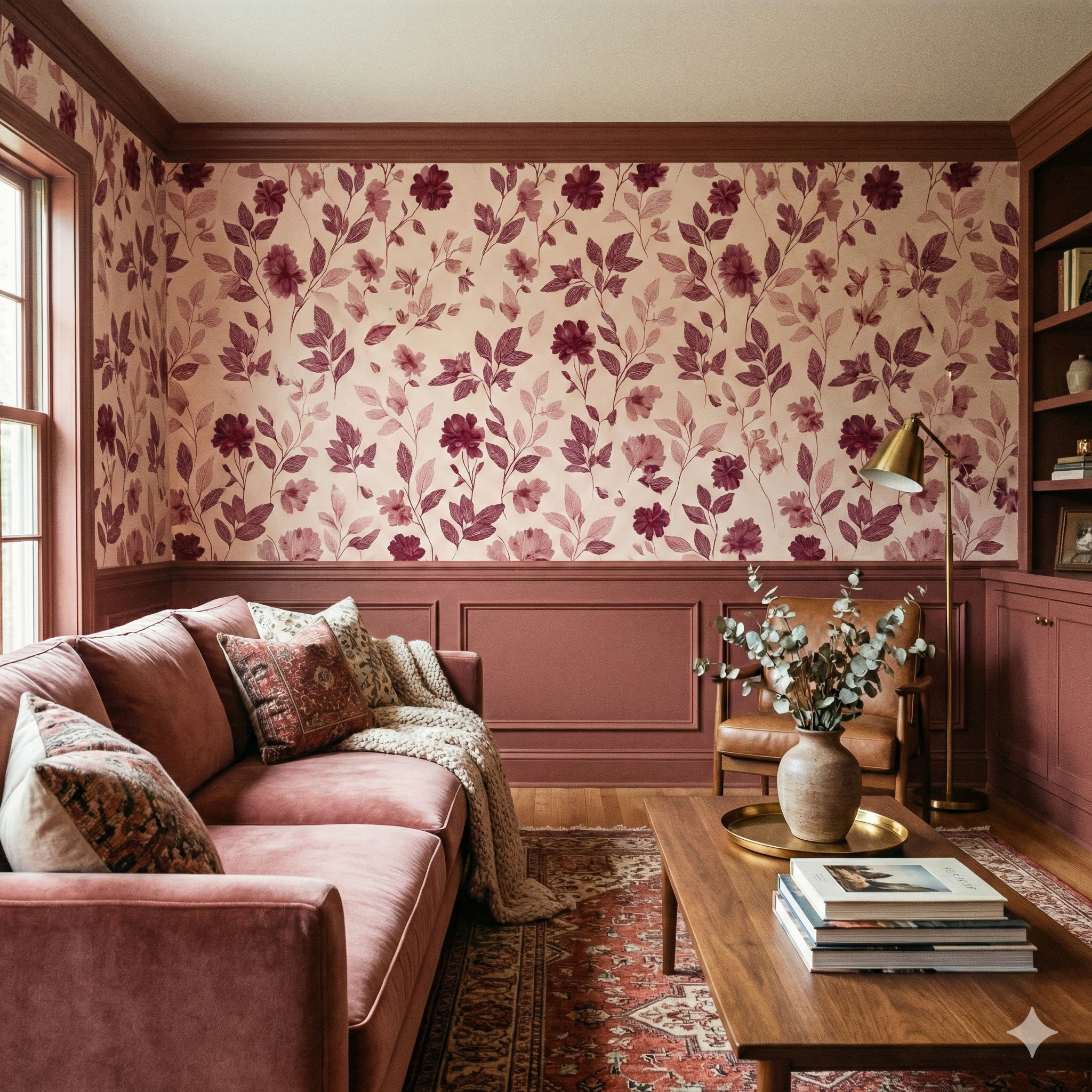 Floral wallpaper with burgundy and pink hues, featuring a botanical pattern.
