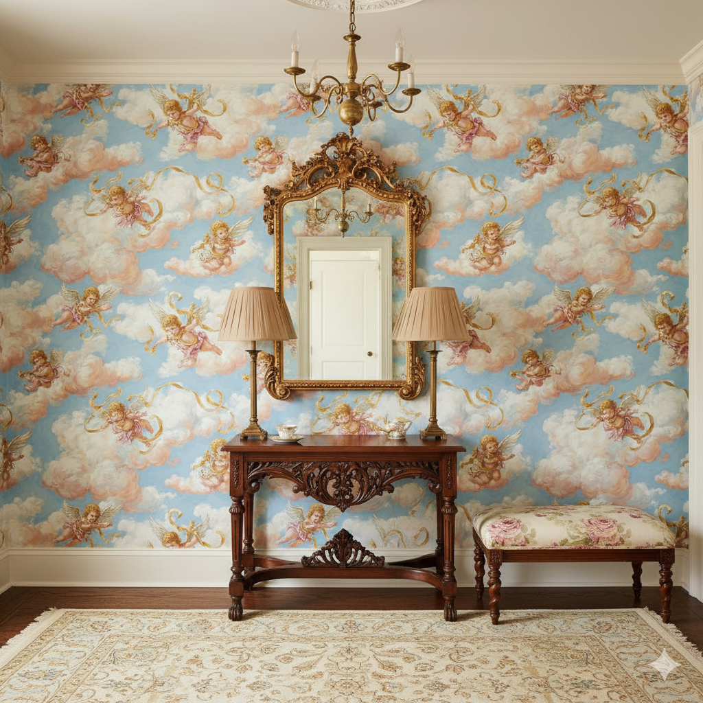 Patterned wallpaper with a cherub design on a light blue sky background.
