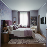 Midsummer Confetti wallpaper with a sparkling, abstract pattern, decorating a bedroom wall with a vertical headboard and lilac bedding.
