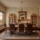 Floral wallpaper with violet and green pattern, covering the dining room walls.