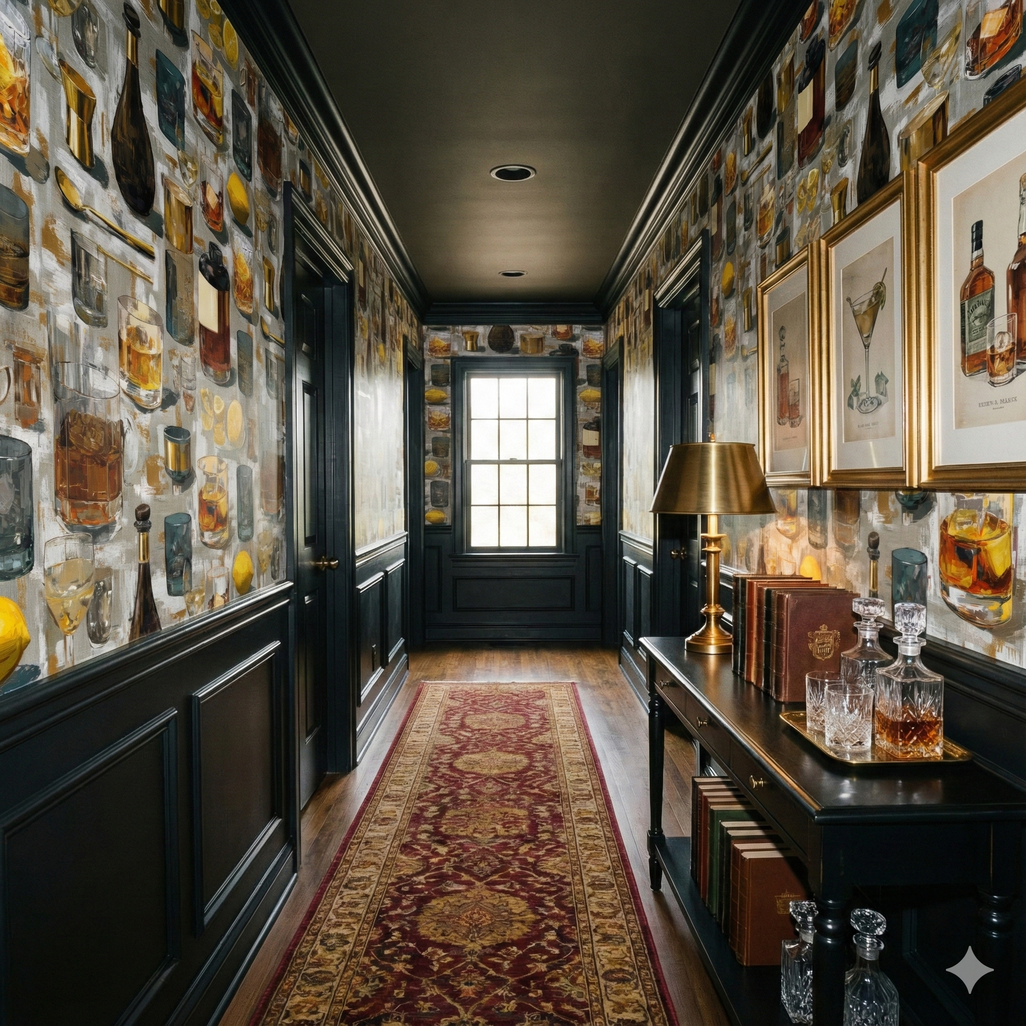 Highball Atelier Wallpaper with cocktail and barware pattern on a gray background.