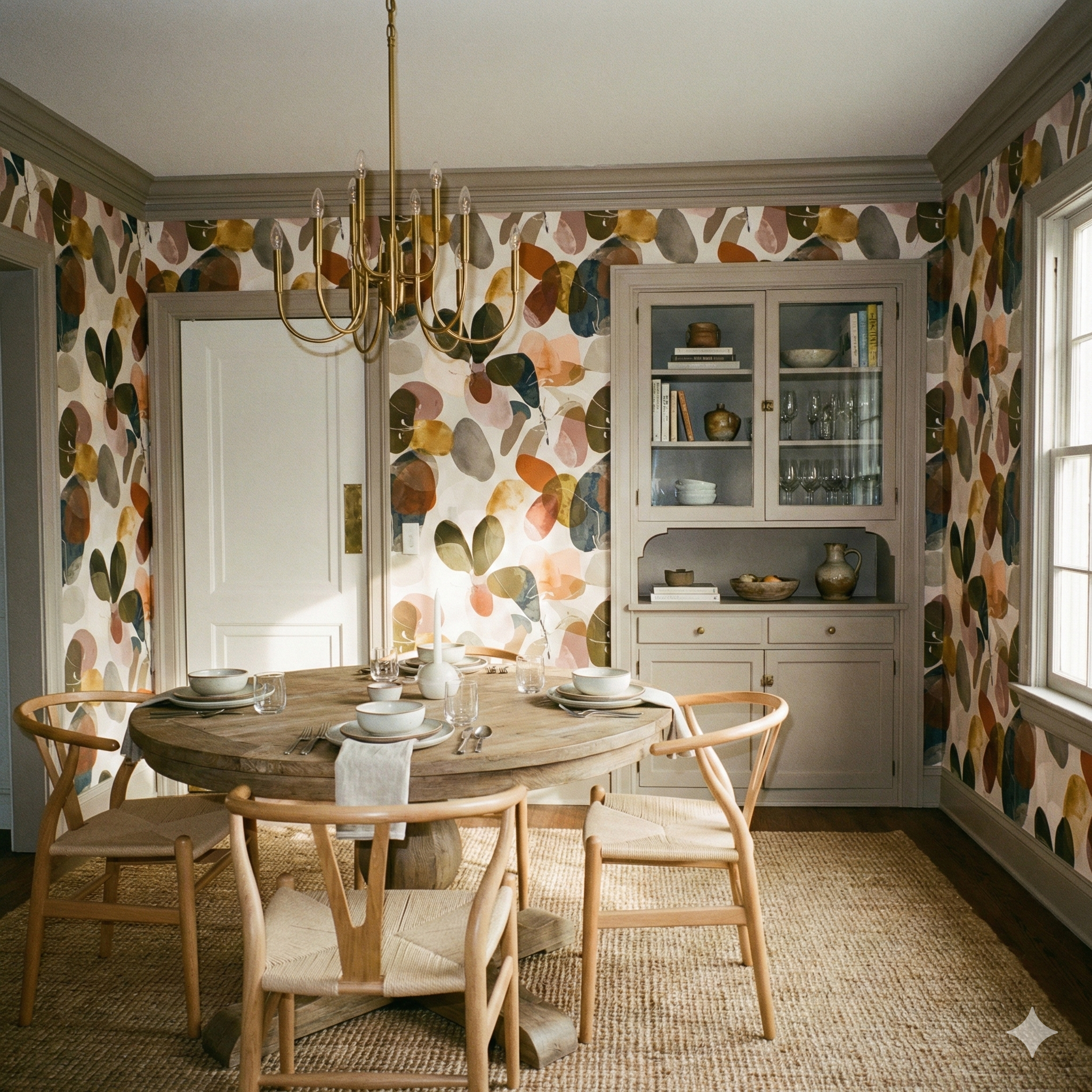 Garden Fragments wallpaper with colorful organic shapes covering the dining room walls.