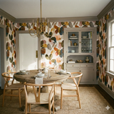 Garden Fragments wallpaper with colorful organic shapes covering the dining room walls.