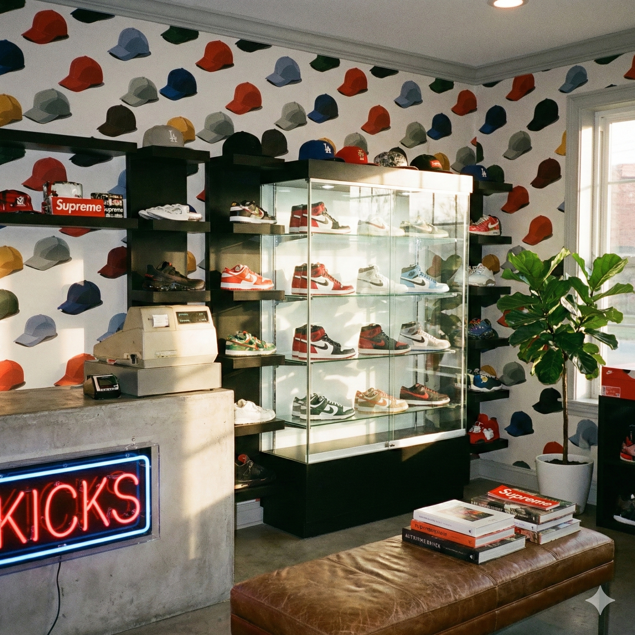 Patterned wallpaper by Clubhouse Standard with repeating images of baseball caps in varied colors and orientations.
