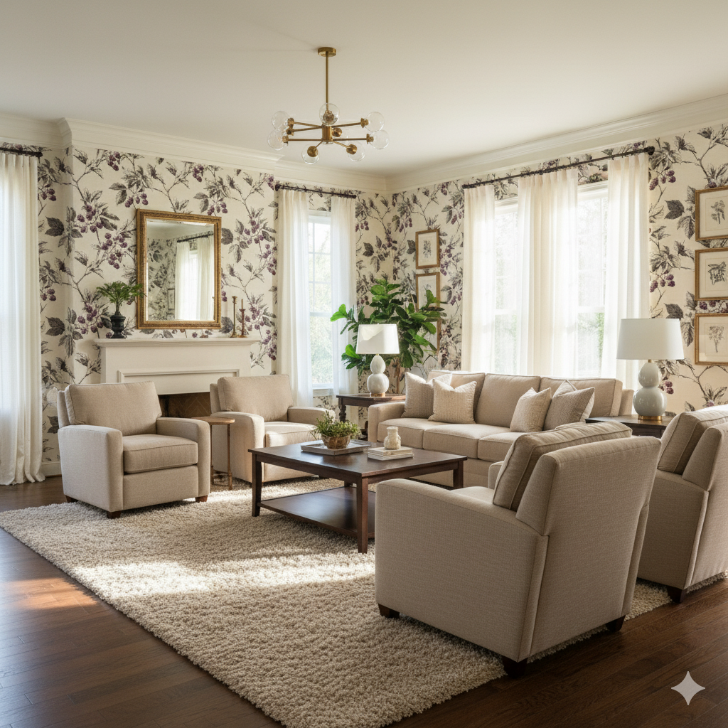 Floral wallpaper with a berry pattern on a neutral background.