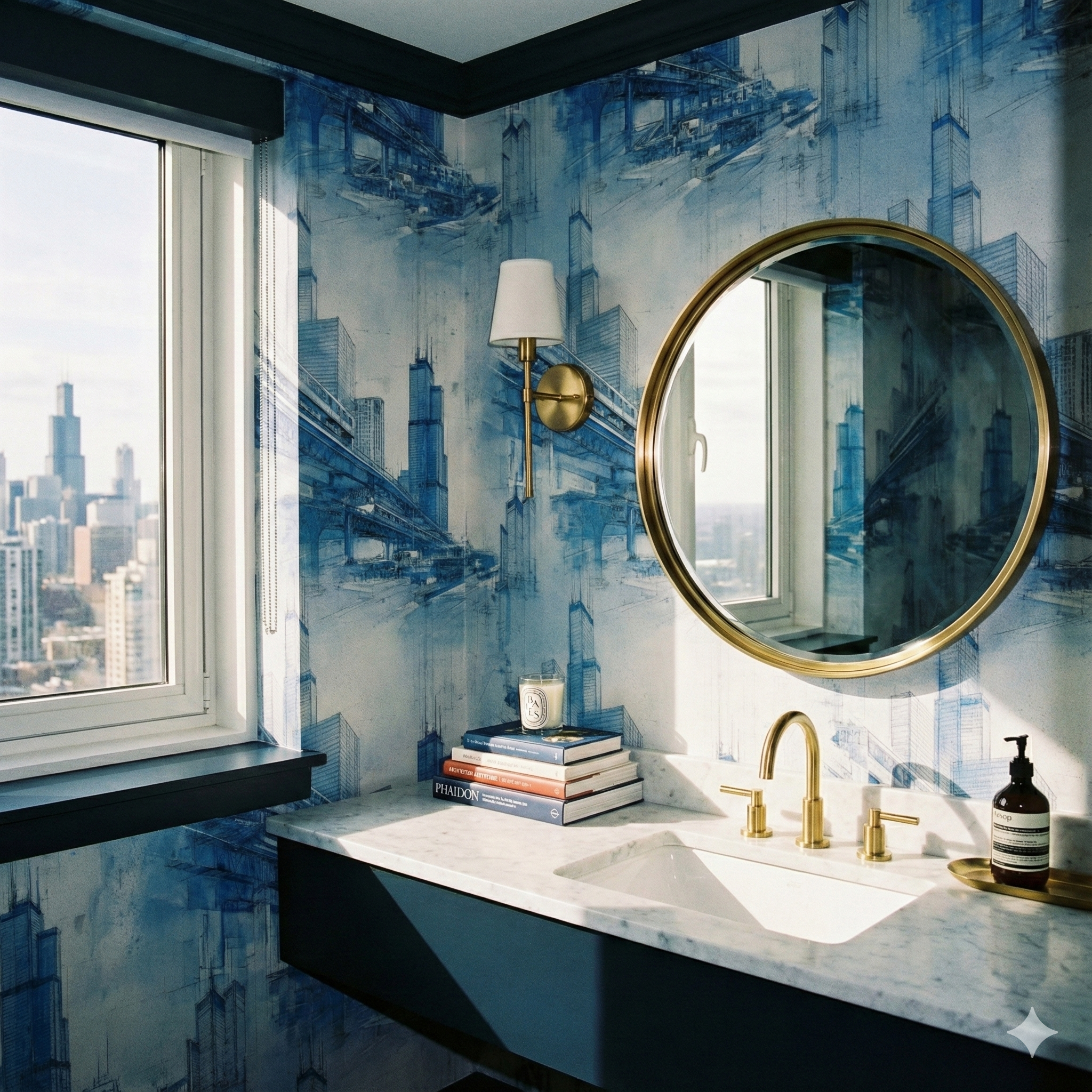 Blueprint Metropolis Wallpaper with blue architectural pattern on white background.
