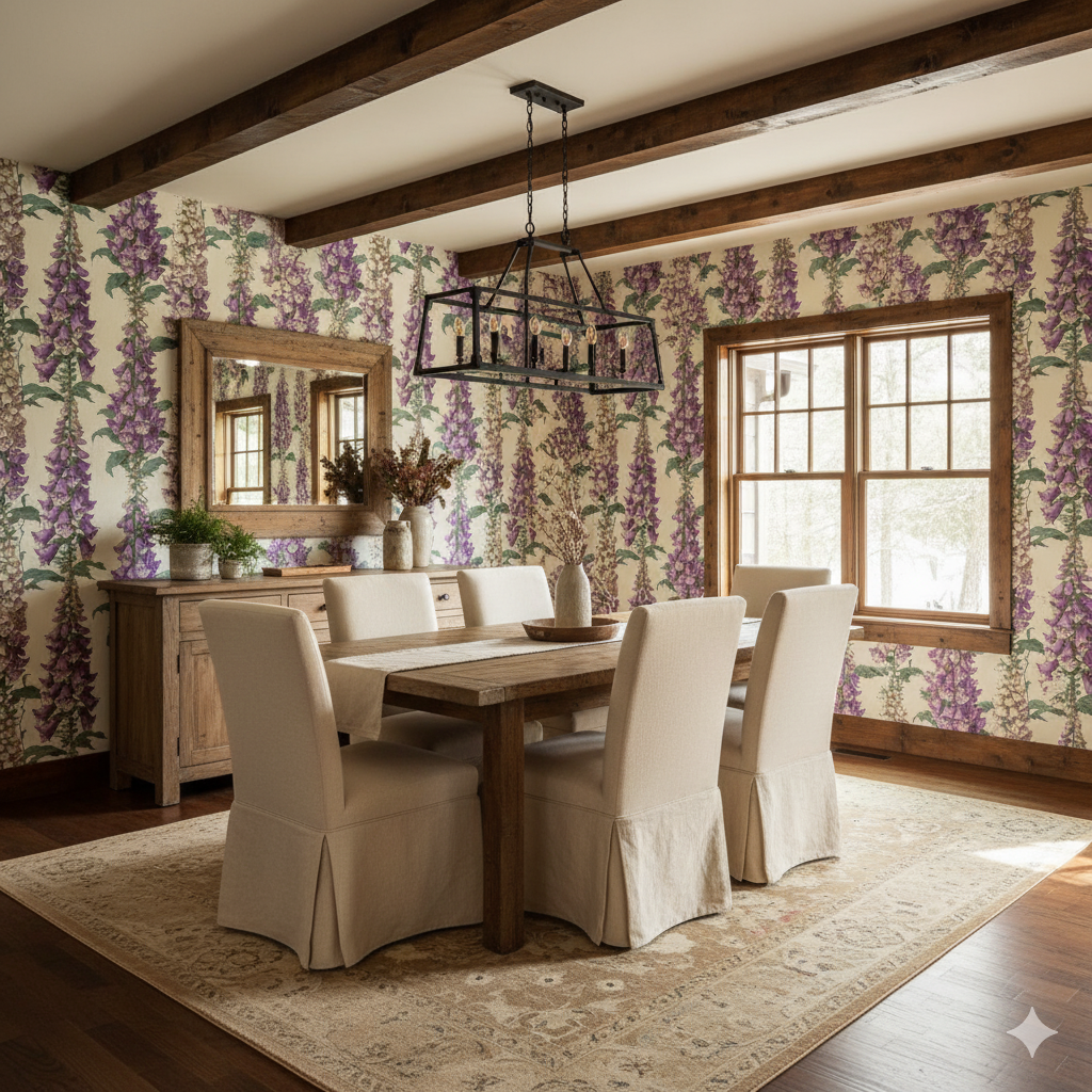 Foxfire Choir wallpaper with purple floral pattern on a cream backdrop.