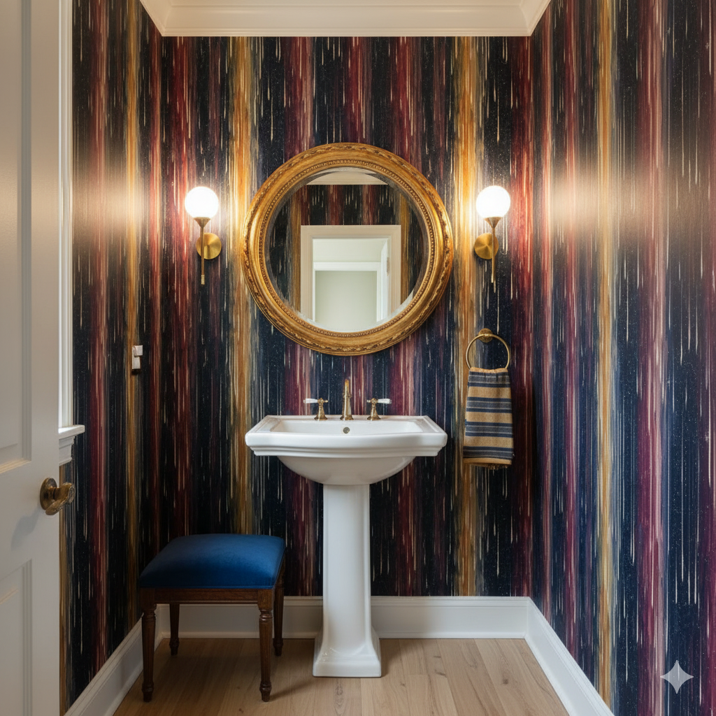 Falling Ember Skies wallpaper with stripes and star details on a bathroom wall.