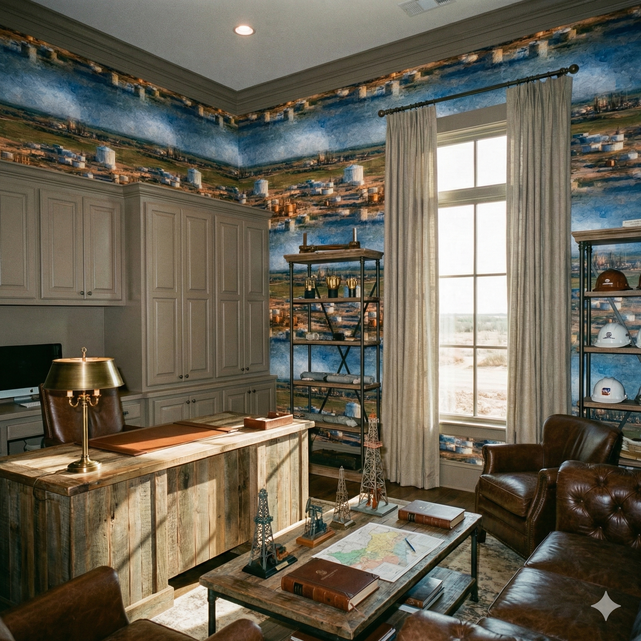 Blue horizon refinery wallpaper with a painting-like texture, decorating a luxurious office setting.