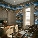 Blue horizon refinery wallpaper with a painting-like texture, decorating a luxurious office setting.