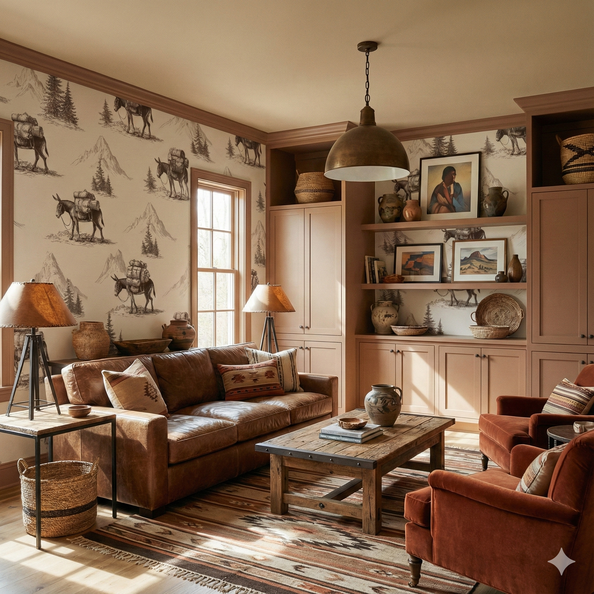 Burro Wayfinder wallpaper with donkey and mountain pattern on the wall.