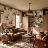 Burro Wayfinder wallpaper with donkey and mountain pattern on the wall.