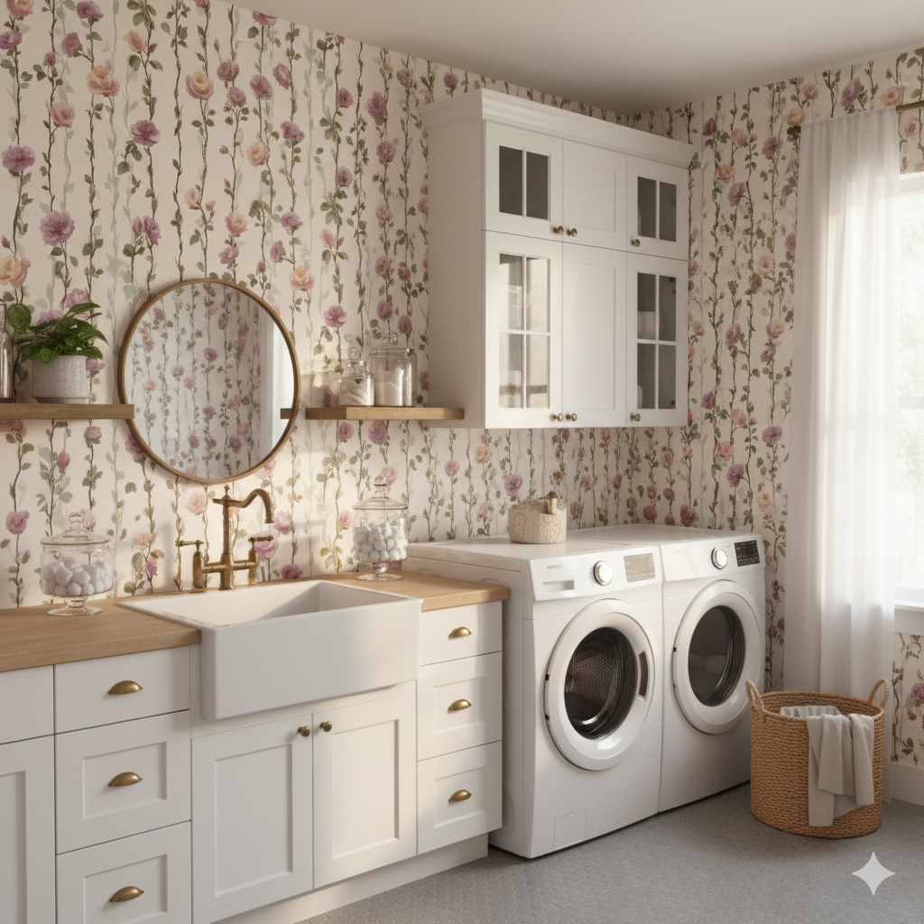 Floral Rosewalk wallpaper with pink and cream hues, cascading across the wall.