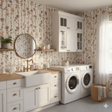 Floral Rosewalk wallpaper with pink and cream hues, cascading across the wall.