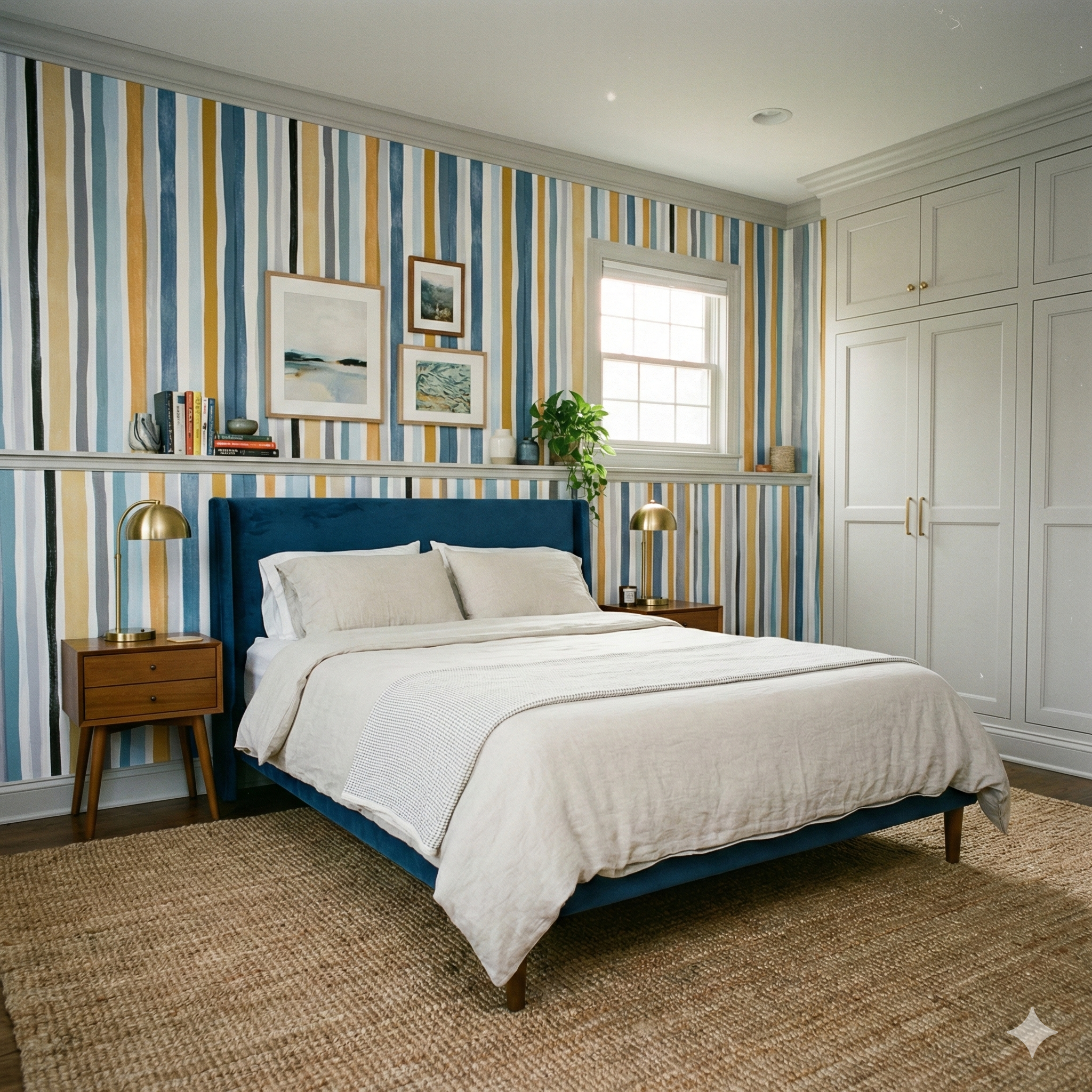 Marstrand Stripe Wallpaper with blue, yellow, and black painted-look stripes covering the bedroom wall behind a blue bed.