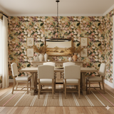 Floral wallpaper with blossom pattern on a dining room wall.