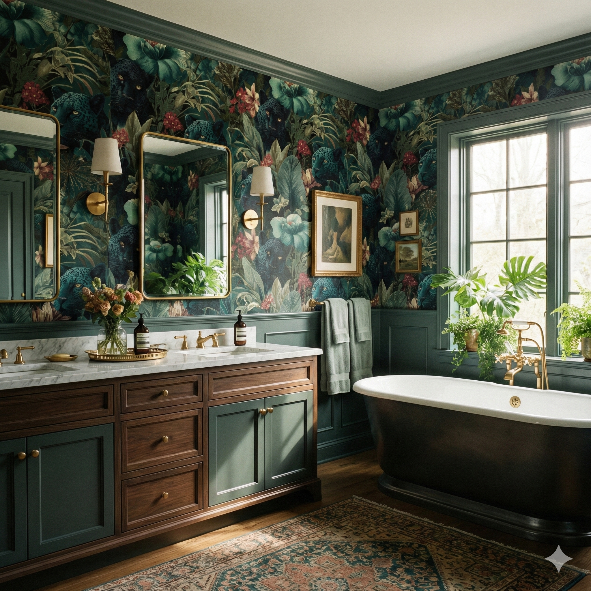 Floral patterned wallpaper, Templewood Nocturne, featuring lush tropical plants and black panthers.