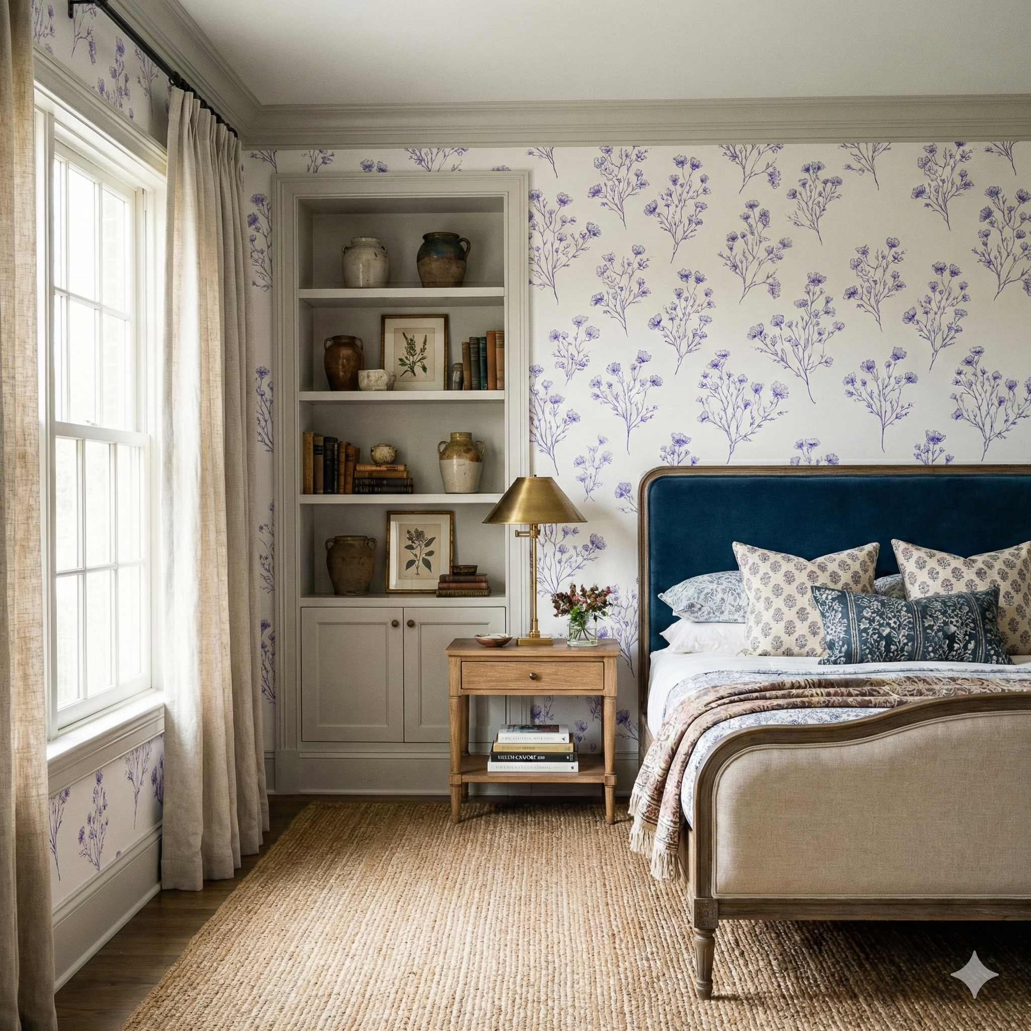 Floral script wallpaper with lilac botanical pattern, covering the bedroom walls.