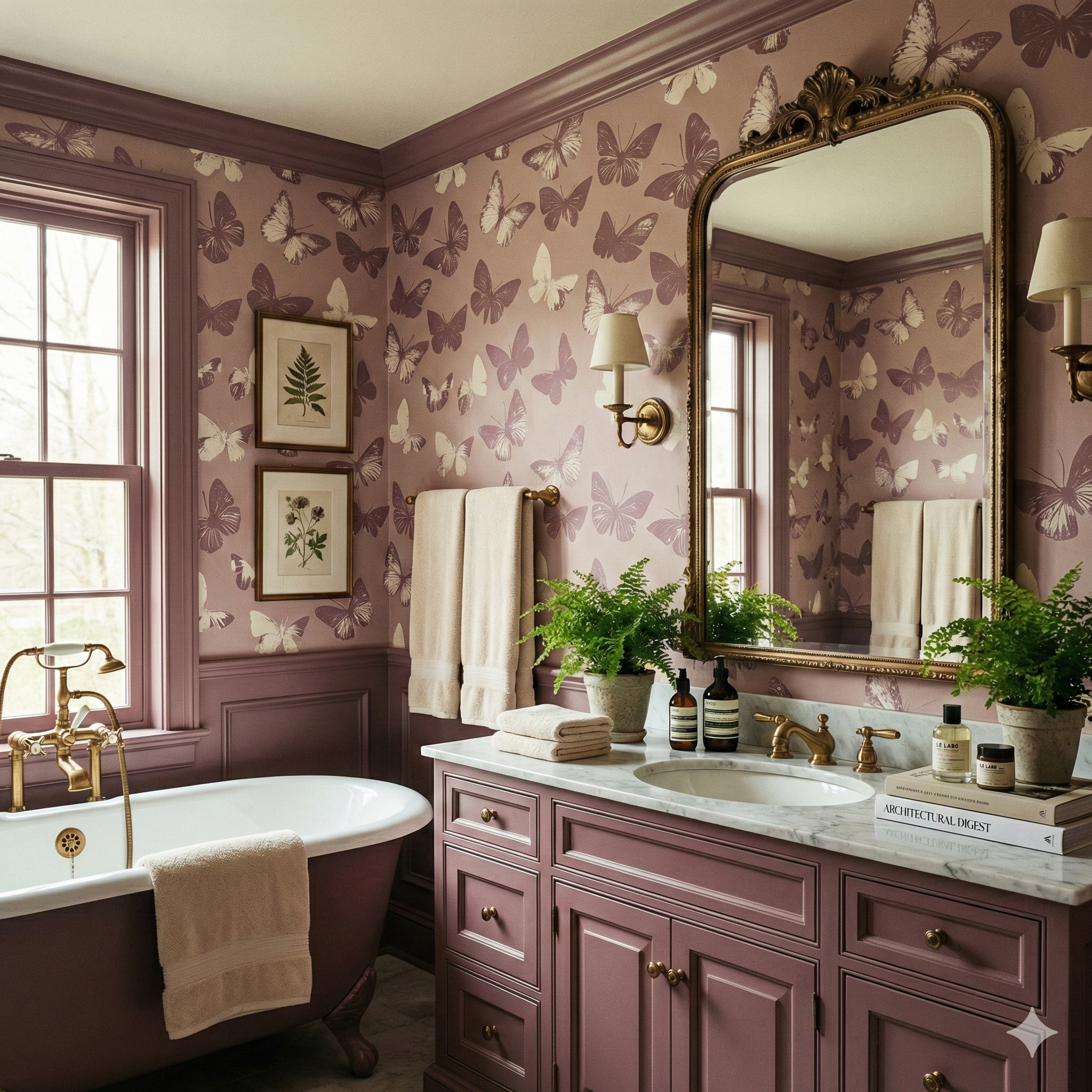 Butterfly print wallpaper with a mauve background and white butterfly pattern.
