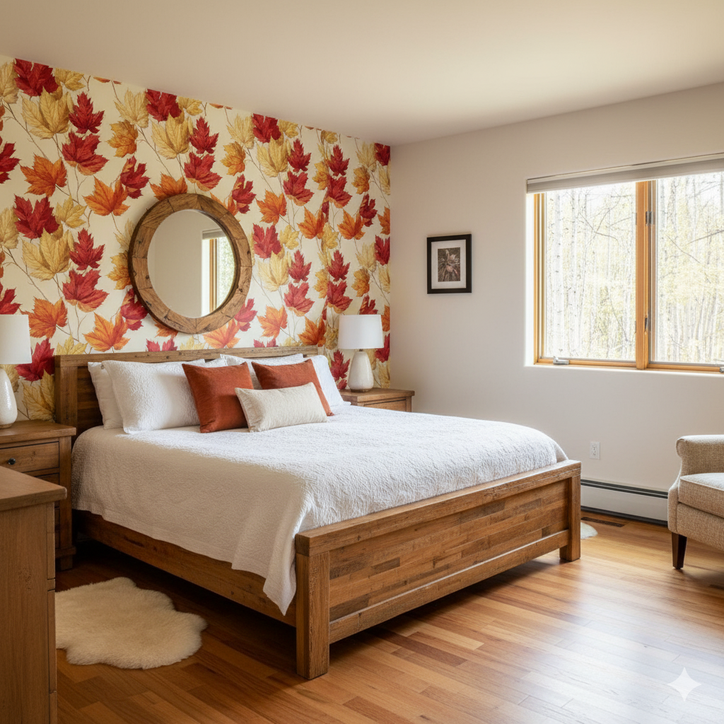 Fall leaf wallpaper with red, orange, and yellow foliage, styled in a bedroom setting.
