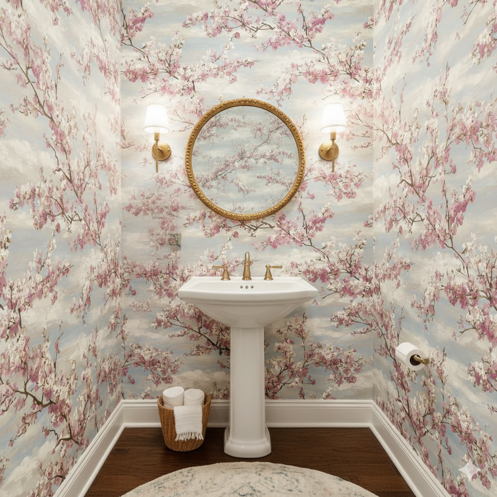 Floral printed wallpaper with a sky and cloud pattern, featuring pink cherry blossoms.