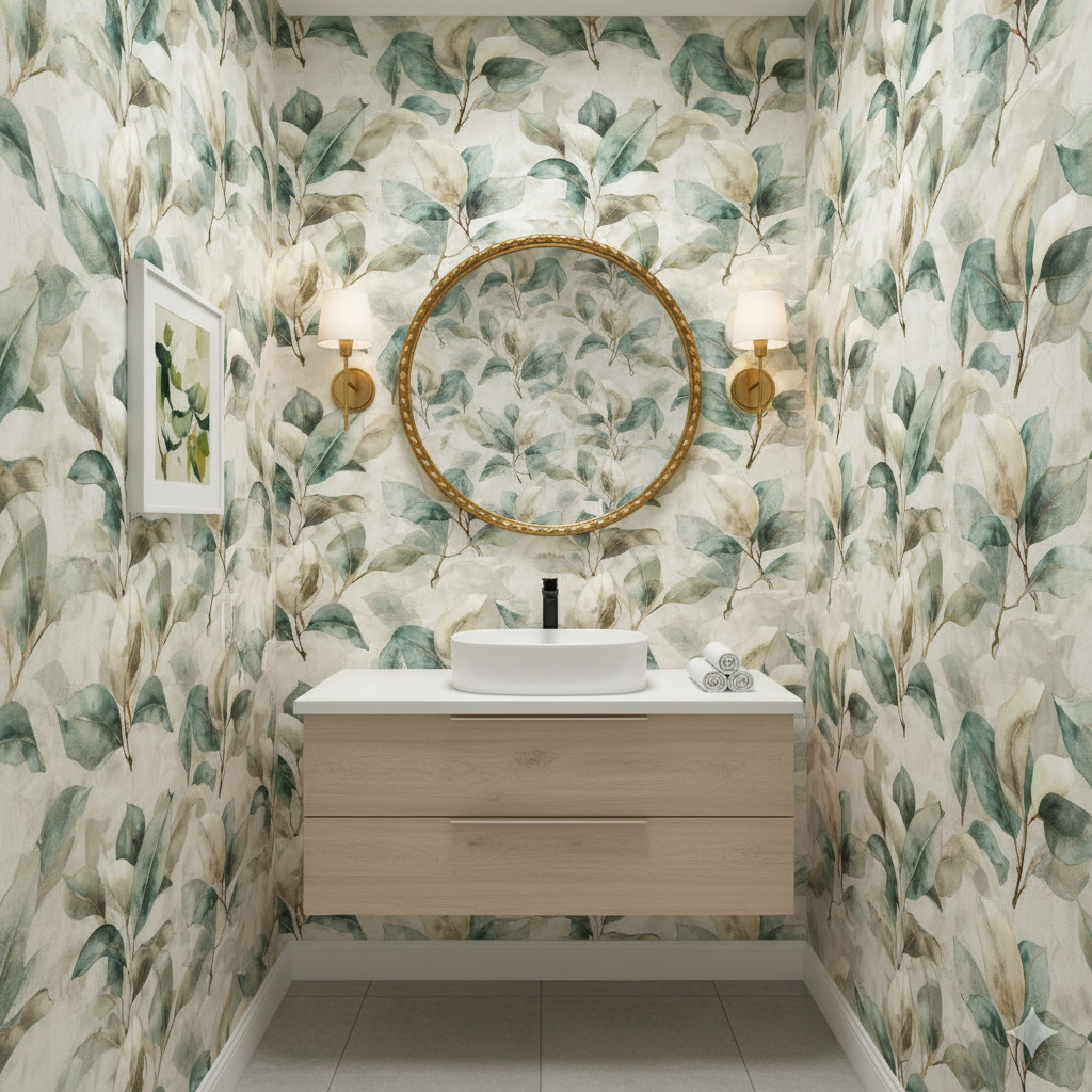 Eucalyptus Vale Wallpaper with a leaf pattern filling the wall behind a round mirror and sink.