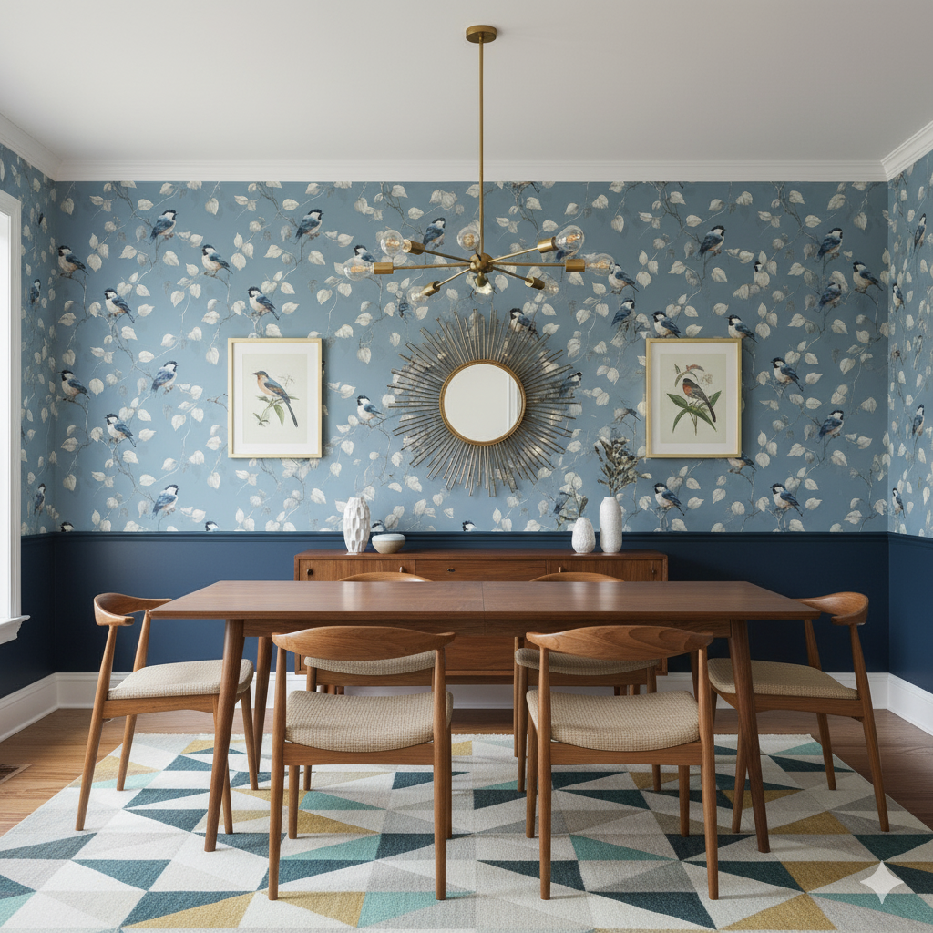 Blue bird patterned wallpaper from Roommates, decorating a dining room above navy wainscoting, with wood furniture and a geometric rug.