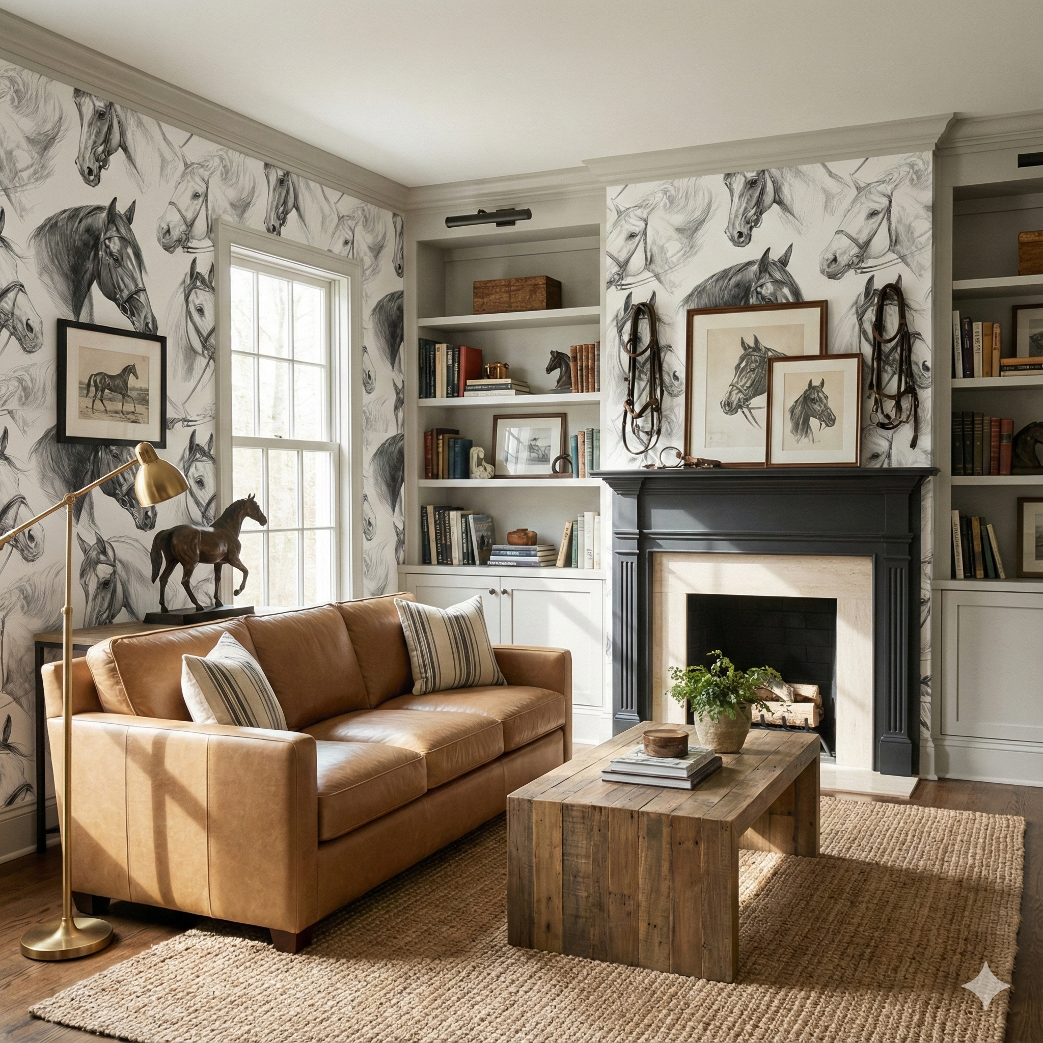 Bridlecrest Study Wallpaper with horse pattern covering the entire wall around the room.
