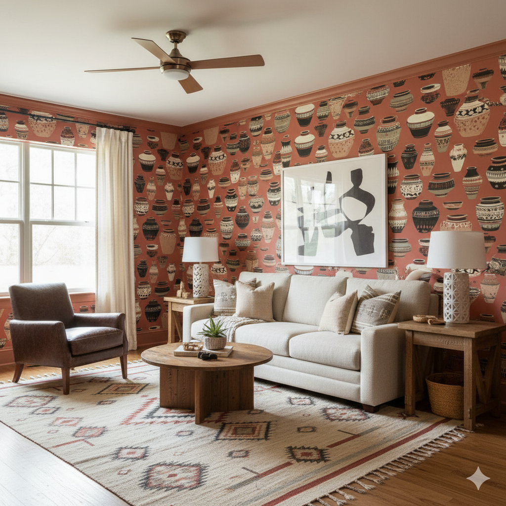 Terra Museo wallpaper featuring a diverse collection of painted vases and urns against a reddish background.
