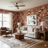 Terra Museo wallpaper featuring a diverse collection of painted vases and urns against a reddish background.