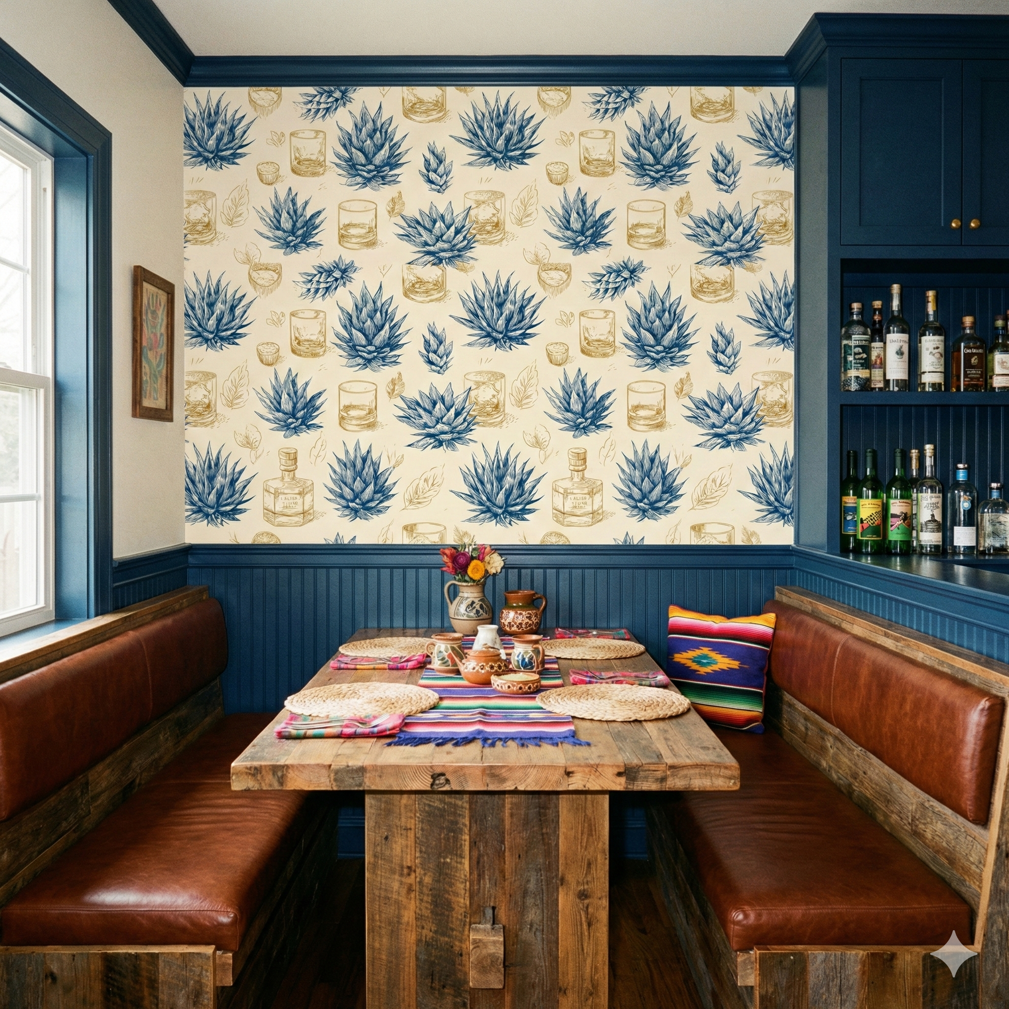 Jalisco Dry wallpaper with agave and glass motif, set on a beige background.