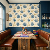 Jalisco Dry wallpaper with agave and glass motif, set on a beige background.