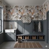Arno Hound wallpaper with a grey and orange dog pattern, covering a wall above blue wainscoting.
