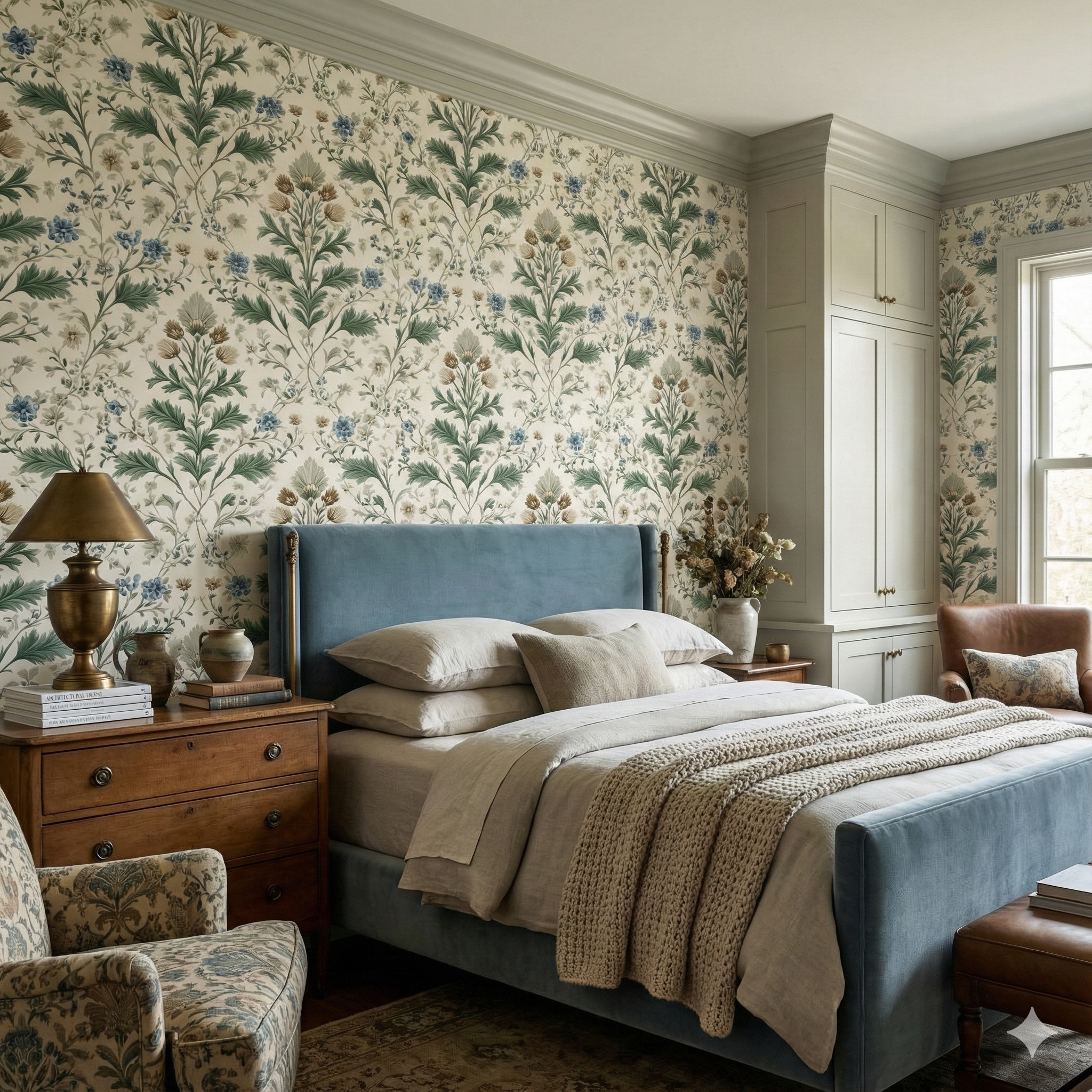 Floral patterned Greenbriar Conservatory Wallpaper with green, brown and blue plantlife motifs.
