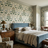 Floral patterned Greenbriar Conservatory Wallpaper with green, brown and blue plantlife motifs.
