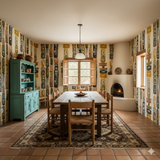 Patterned totem eye wallpaper with a block print design featuring warm yellows, browns, and grays.
